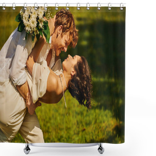Personality  Side View Of Redhead Man  Embracing Elegant Asian Bride With Bouquet On Green Meadow, Rural Wedding Shower Curtains