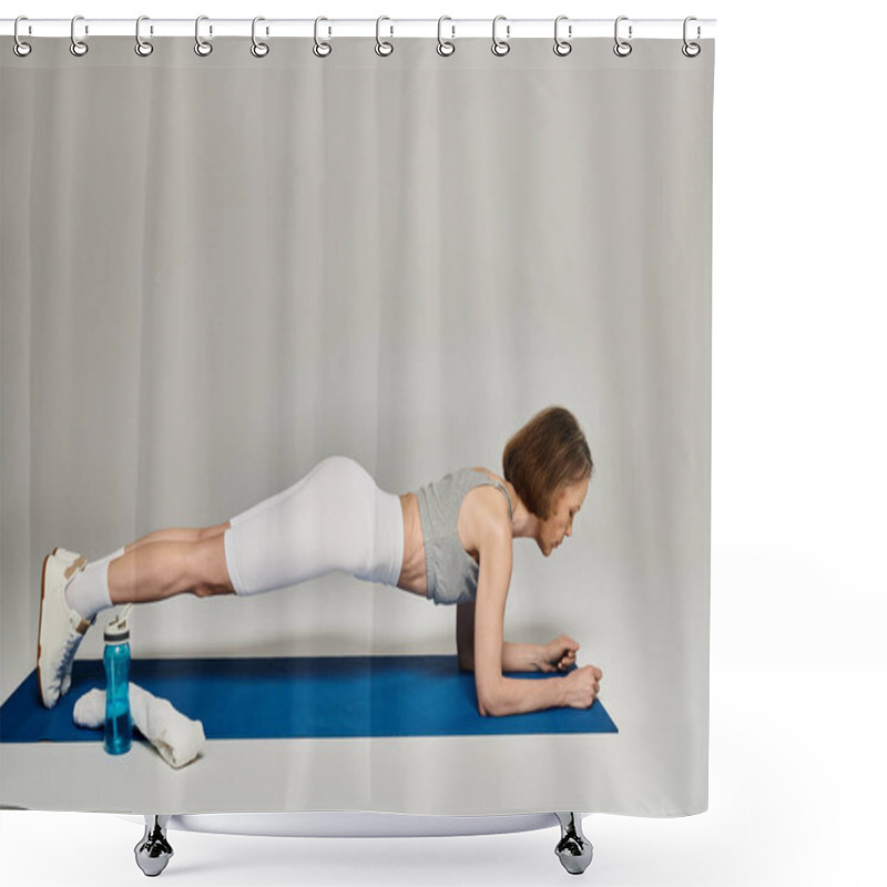 Personality  A Woman Planking On A Blue Mat. Shower Curtains