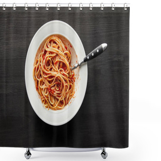 Personality  Top View Of Tasty Bolognese Pasta With Tomato Sauce In White Plate On Black Wooden Background Shower Curtains