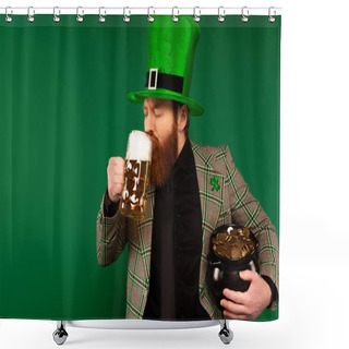 Personality  Bearded Man In Hat Drinking Beer And Holding Pot With Coins Isolated On Green  Shower Curtains