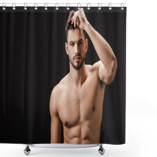Personality  Handsome Naked Man Combing Hair Isolated On Black Shower Curtains