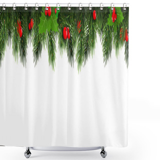 Personality  Horizontal Christmas Border Frame With Fir Branches, Pine Cones, Berries. Vector Illustration. Shower Curtains