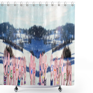 Personality  Children Hands Building Word Together We Are Stronger, Snowy Winter Background Shower Curtains