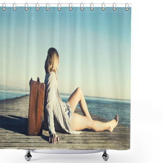 Personality  Relaxed Woman Resting After A Long Journey With Her Big Suitcase Shower Curtains
