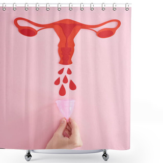 Personality  Cropped View Of Woman Holding Menstrual Cup Near Red Paper Cut Female Reproductive Internal Organs With Blood Drops On Pink Background Shower Curtains