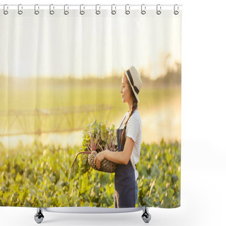 Personality  Female Farmer With Harvest Of Beetroots In Field Shower Curtains