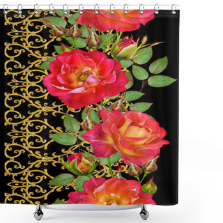 Personality  Floral Seamless Pattern. Red Large Roses, Green Leaves, Yellow Flowers. Golden Textured Curls. Oriental Style Arabesques. Brilliant Lace. Openwork Weaving Delicate. Shower Curtains