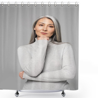 Personality  Thoughtful Asian Woman In Turtleneck With Grey Hair And Closed Eyes Isolated On Grey Shower Curtains