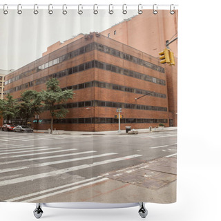 Personality  Modern Brick Building On Crossroad With Pedestrian Crossing On Urban Street Of New York City Shower Curtains