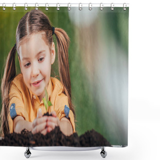 Personality  Selective Focus Of Child Planting Young Plant On Blurred Background, Earth Day Concept Shower Curtains