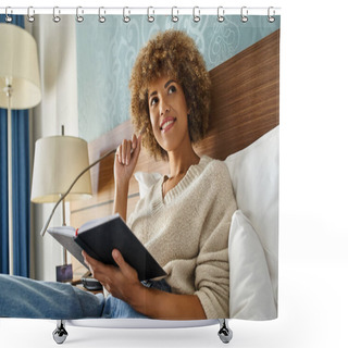 Personality  Curly-haired And Dreamy African American Woman Smiling While Holding Pen And Notebook In Hotel Bed Shower Curtains