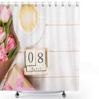 Personality  Womens Day Concept - Calenday 8th March , Present, Flowers Shower Curtains