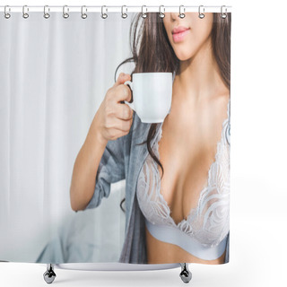 Personality  Girl In Lingerie Drinking Coffee Shower Curtains