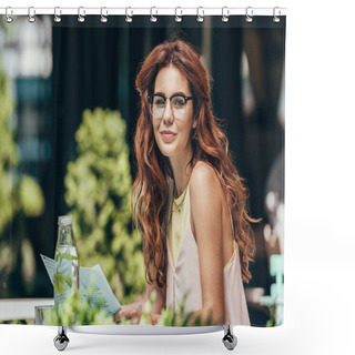 Personality  Side View Of Attractive Young Woman In Eyeglasses With Newspaper In Restaurant Shower Curtains