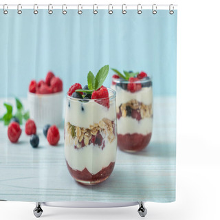 Personality  Homemade Raspberry And Blueberry With Yogurt And Granola - Healthy Food Style Shower Curtains