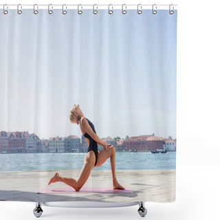 Personality  Side View Of Fit Woman In Bodysuit Practicing Yoga On Sidewalk In Venice  Shower Curtains