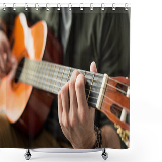 Personality  Cropped Image Of Man Playing Chord On Acoustic Guitar Shower Curtains
