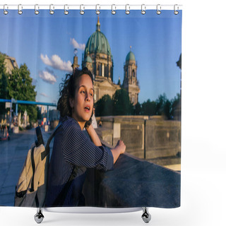 Personality  BERLIN, GERMANY - JULY 14, 2020: Surprised Young Woman With Open Mouth Near Blurred Berlin Cathedral Shower Curtains