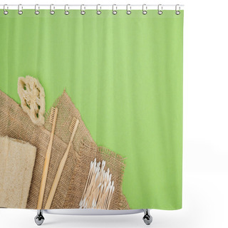 Personality  Bamboo Toothbrushes, Organic Loofah, Cotton Swabs And Brown Sackcloth On Light Green Background Shower Curtains