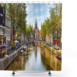 Personality  The Most Famous Canals And Embankments Of Amsterdam City During Sunset. General View Of The Cityscape And Traditional Netherlands Architecture. Shower Curtains
