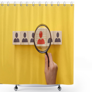 Personality  Cropped View Of Woman Holding Magnifying Glass Under Wooden Cubes With Logo On Yellow Background Shower Curtains
