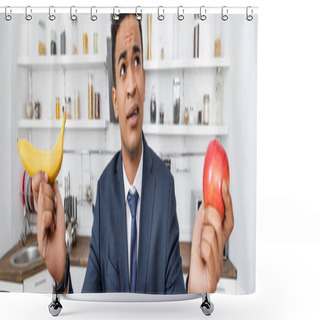 Personality  Puzzled African American Businessman Choosing Between Apple And Banana, Banner Shower Curtains