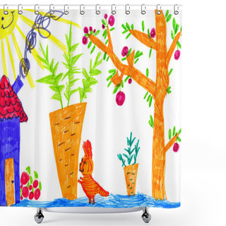 Personality  Kitty In Kitchen Garden, Child Drawing Shower Curtains
