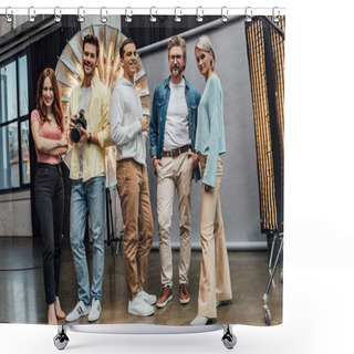 Personality  Positive Team Smiling While Looking At Camera In Photo Studio  Shower Curtains