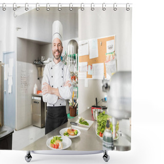 Personality  Mid Adult Chef Smiling While Crossing Arms At Kitchen Counter Shower Curtains