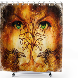 Personality  Pair Of Ravens With Tree Of Life Symbol And Green Female Goddess Eyes On Horizon. Shower Curtains