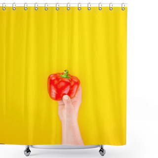 Personality  Cropped Shot Of Person Holding Fresh Raw Paprika Pepper Isolated On Yellow Shower Curtains