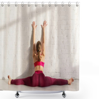 Personality  Back View Of Woman Doing Twine Stretching Near Brick Wall In Yoga Studio  Shower Curtains