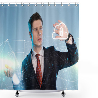Personality  Handsome Businessman In Suit Pointing At Network And Lock In Cloud Illustration In Front On Blue Background Shower Curtains