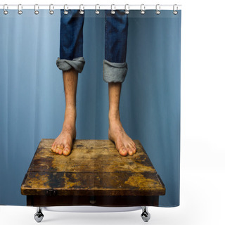 Personality  Man With Bare Feet Standing On Old Wooden Table Shower Curtains