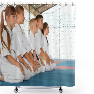 Personality  Children In Kimono Sitting On Tatami Outdoors. Karate Practice Shower Curtains