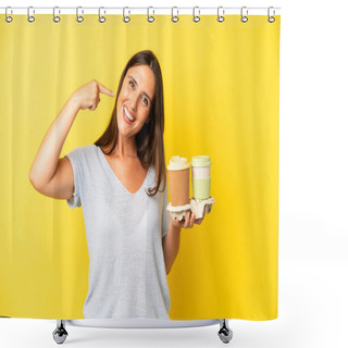 Personality  Hispanic Young Adult Woman Smiling Confidently Pointing To Own Broad Smile. Take Away Coffee Concept Shower Curtains