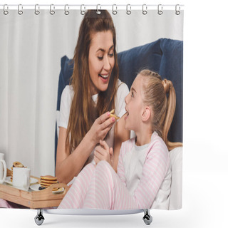 Personality  Smiling Mother Feeding Daughter In Bed During Breakfast Shower Curtains