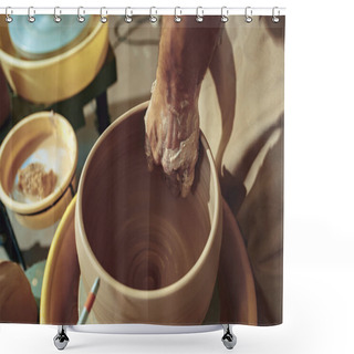 Personality  Creating A Jar Or Vase Of White Clay Close-up. Master Crock. Shower Curtains