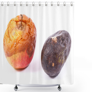 Personality  Old Moldy Apple And Avocado On White Background, Unhealthy And Disgusting Fruit Shower Curtains