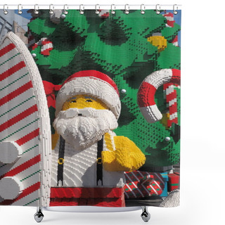 Personality  Giant Toy Santa In Front Of A Christmas Tree And A Surfboard Shower Curtains
