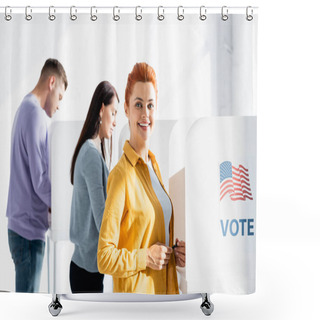 Personality  Woman Smiling At Camera Near Polling Booth With American Flag And Vote Lettering, And Electors On Blurred Background Shower Curtains