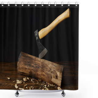 Personality  Log With Sticking Axe And Wooden Pieces At Table On Black Background Shower Curtains