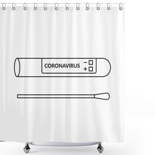 Personality  Coronavirus Swab In Test Tube Line Icon. Blank Test Sample For Covid 19 Diagnostics. Cotton Stick For Nasal Or Saliva Swab. Black Outline On White Background. Vector Illustration, Flat Style, Clip Art Shower Curtains