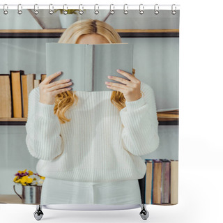Personality  Close Up Of Woman Hiding Face Behind Book Shower Curtains