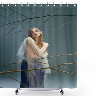 Personality  A Young Woman In A White Dress Embodies An Ethereal Presence As She Stands Gracefully In Front Of A Majestic Tree. Shower Curtains
