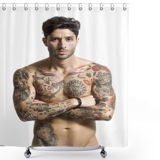 Personality  Handsome Tattooed Man Portrait With Crossed Arms Shower Curtains
