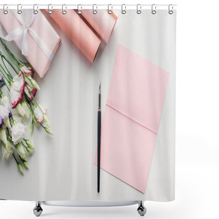 Personality  Top View Of Pink Empty Card With Ink Pen, Flowers And Rolls Of Paper On Grey Background Shower Curtains