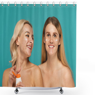 Personality  Happy Young Women With Different Skin Conditions Applying Cream On Faces Isolated On Turquoise  Shower Curtains