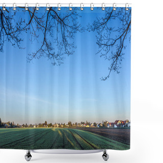 Personality  Rural Landscape In Munich With New Settlement And Fields Shower Curtains