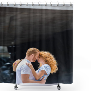 Personality  Side View Of Redhead Couple Embracing Each Other And Standing Face To Face At Cit Street  Shower Curtains